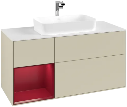 Bild von VILLEROY BOCH Finion Waschbeckenunterschrank, mit Beleuchtung, 3 Auszüge, 1200 x 603 x 501 mm, Silk Grey Matt Lacquer / Peony Matt Lacquer / Glass White Matt #F291HBHJ
