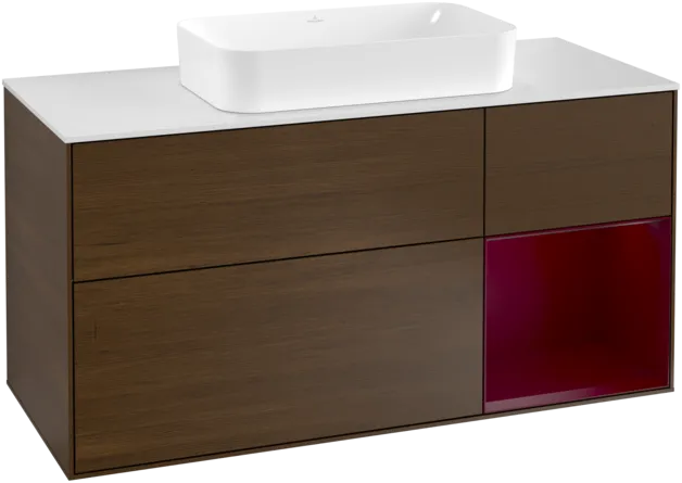 Bild von VILLEROY BOCH Finion Waschbeckenunterschrank, mit Beleuchtung, 3 Auszüge, 1200 x 603 x 501 mm, Walnut Veneer / Peony Matt Lacquer / Glass White Matt #F301HBGN
