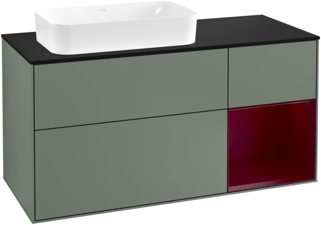 Bild von VILLEROY BOCH Finion Waschbeckenunterschrank, mit Beleuchtung, 3 Auszüge, 1200 x 603 x 501 mm, Olive Matt Lacquer / Peony Matt Lacquer / Glass Black Matt #F282HBGM