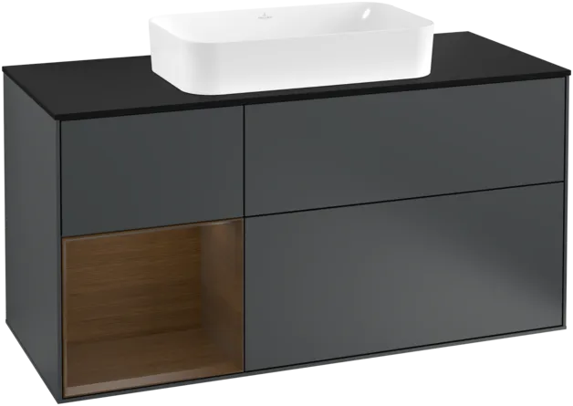 Obrázek VILLEROY BOCH Toaletní skříňka Finion, s osvětlením, 3 výsuvy, 1200 x 603 x 501 mm, půlnočně modrý matný lak / ořechová dýha / černé matné sklo #F292GNHG
