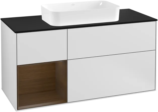 Bild von VILLEROY BOCH Finion Waschbeckenunterschrank, mit Beleuchtung, 3 Auszüge, 1200 x 603 x 501 mm, White Matt Lacquer / Walnut Veneer / Glass Black Matt #F292GNMT
