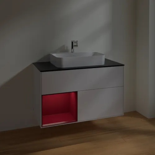 Bild von VILLEROY BOCH Finion Waschbeckenunterschrank, mit Beleuchtung, 2 Auszüge, 1000 x 603 x 501 mm, Glossy White Lacquer / Peony Matt Lacquer / Glass Black Matt #F362HBGF