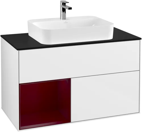 Bild von VILLEROY BOCH Finion Waschbeckenunterschrank, mit Beleuchtung, 2 Auszüge, 1000 x 603 x 501 mm, Glossy White Lacquer / Peony Matt Lacquer / Glass Black Matt #F362HBGF