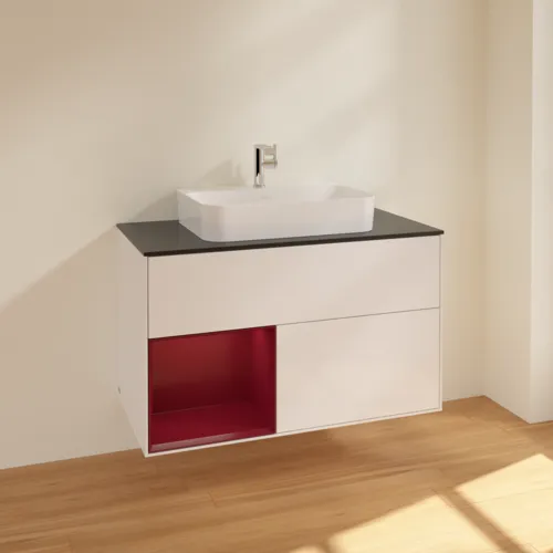 Bild von VILLEROY BOCH Finion Waschbeckenunterschrank, mit Beleuchtung, 2 Auszüge, 1000 x 603 x 501 mm, Glossy White Lacquer / Peony Matt Lacquer / Glass Black Matt #F362HBGF