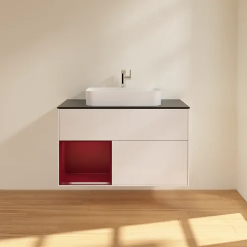 Bild von VILLEROY BOCH Finion Waschbeckenunterschrank, mit Beleuchtung, 2 Auszüge, 1000 x 603 x 501 mm, Glossy White Lacquer / Peony Matt Lacquer / Glass Black Matt #F362HBGF