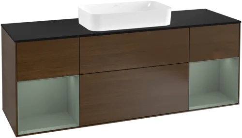 Obrázek VILLEROY BOCH Toaletní skříňka Finion, s osvětlením, 4 výsuvy, 1600 x 603 x 501 mm, ořechová dýha / olivově matný lak / sklo černé matné #F332GMGN