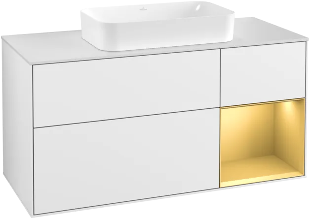 Bild von VILLEROY BOCH Finion Waschbeckenunterschrank, mit Beleuchtung, 3 Auszüge, 1200 x 603 x 501 mm, Glossy White Lacquer / Gold Matt Lacquer / Glass White Matt #F301HFGF