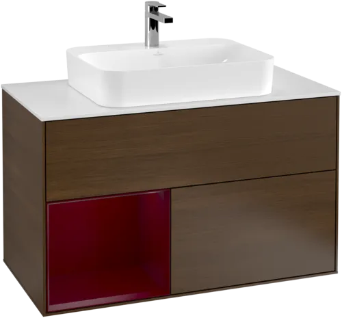 Bild von VILLEROY BOCH Finion Waschbeckenunterschrank, mit Beleuchtung, 2 Auszüge, 1000 x 603 x 501 mm, Walnut Veneer / Peony Matt Lacquer / Glass White Matt #F361HBGN