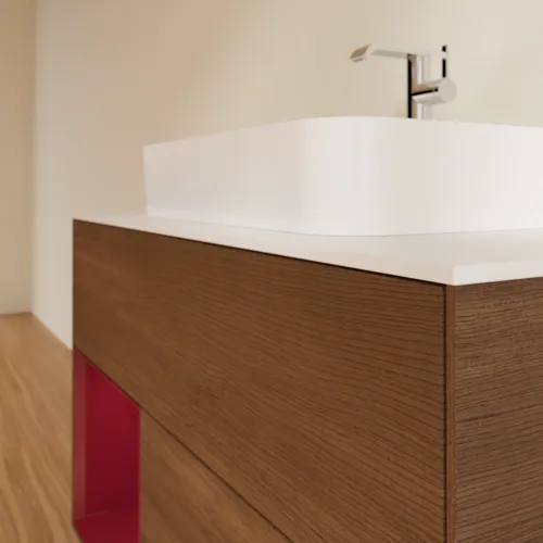 Bild von VILLEROY BOCH Finion Waschbeckenunterschrank, mit Beleuchtung, 2 Auszüge, 1000 x 603 x 501 mm, Walnut Veneer / Peony Matt Lacquer / Glass White Matt #F361HBGN
