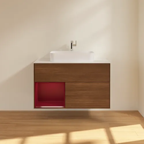 Bild von VILLEROY BOCH Finion Waschbeckenunterschrank, mit Beleuchtung, 2 Auszüge, 1000 x 603 x 501 mm, Walnut Veneer / Peony Matt Lacquer / Glass White Matt #F361HBGN