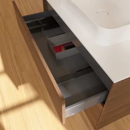 Bild von VILLEROY BOCH Finion Waschbeckenunterschrank, mit Beleuchtung, 2 Auszüge, 1000 x 603 x 501 mm, Walnut Veneer / Peony Matt Lacquer / Glass White Matt #F361HBGN