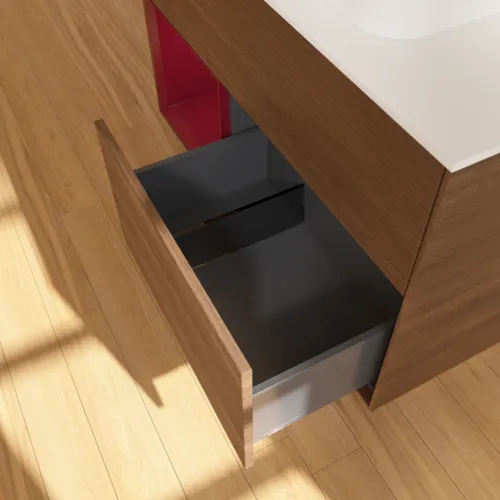Bild von VILLEROY BOCH Finion Waschbeckenunterschrank, mit Beleuchtung, 2 Auszüge, 1000 x 603 x 501 mm, Walnut Veneer / Peony Matt Lacquer / Glass White Matt #F361HBGN