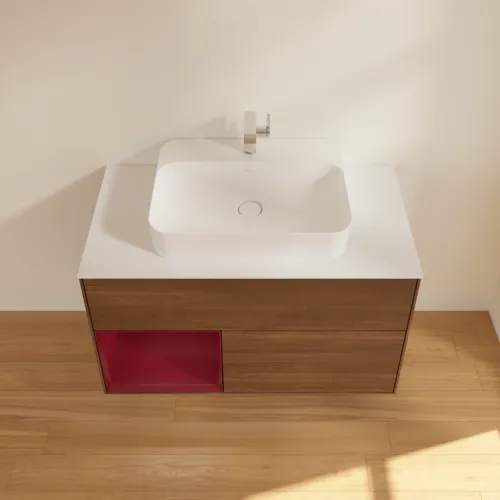Bild von VILLEROY BOCH Finion Waschbeckenunterschrank, mit Beleuchtung, 2 Auszüge, 1000 x 603 x 501 mm, Walnut Veneer / Peony Matt Lacquer / Glass White Matt #F361HBGN