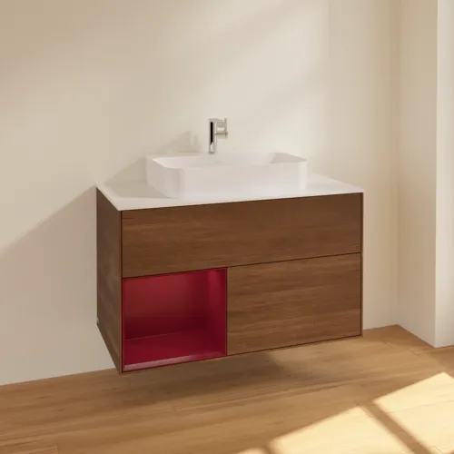 Bild von VILLEROY BOCH Finion Waschbeckenunterschrank, mit Beleuchtung, 2 Auszüge, 1000 x 603 x 501 mm, Walnut Veneer / Peony Matt Lacquer / Glass White Matt #F361HBGN