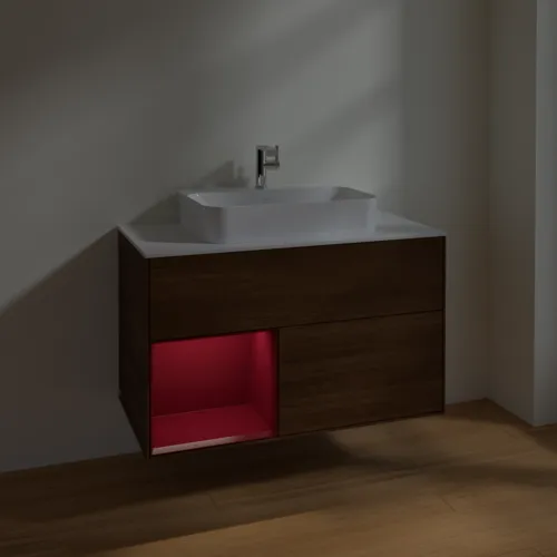 Bild von VILLEROY BOCH Finion Waschbeckenunterschrank, mit Beleuchtung, 2 Auszüge, 1000 x 603 x 501 mm, Walnut Veneer / Peony Matt Lacquer / Glass White Matt #F361HBGN