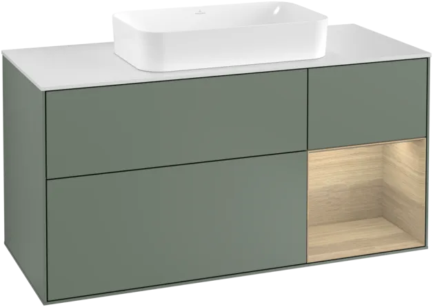 Bild von VILLEROY BOCH Finion Waschbeckenunterschrank, mit Beleuchtung, 3 Auszüge, 1200 x 603 x 501 mm, Olive Matt Lacquer / Oak Veneer / Glass White Matt #F301PCGM
