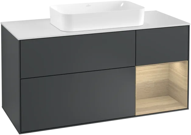 Bild von VILLEROY BOCH Finion Waschbeckenunterschrank, mit Beleuchtung, 3 Auszüge, 1200 x 603 x 501 mm, Midnight Blue Matt Lacquer / Oak Veneer / Glass White Matt #F301PCHG
