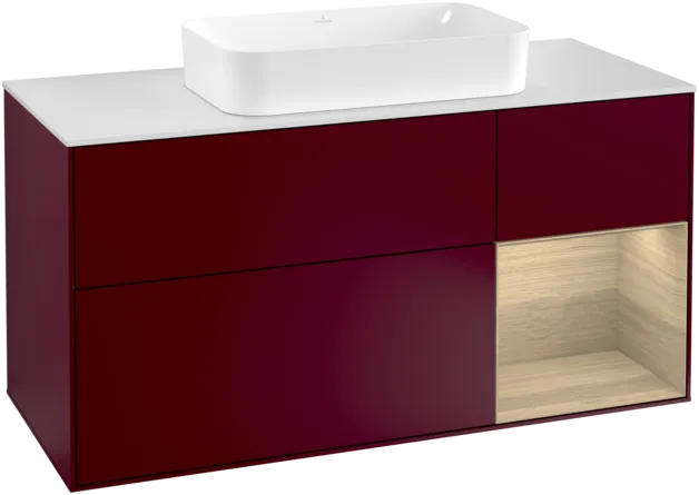 Bild von VILLEROY BOCH Finion Waschbeckenunterschrank, mit Beleuchtung, 3 Auszüge, 1200 x 603 x 501 mm, Peony Matt Lacquer / Oak Veneer / Glass White Matt #F301PCHB