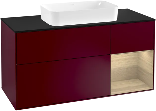 Bild von VILLEROY BOCH Finion Waschbeckenunterschrank, mit Beleuchtung, 3 Auszüge, 1200 x 603 x 501 mm, Peony Matt Lacquer / Oak Veneer / Glass Black Matt #F302PCHB