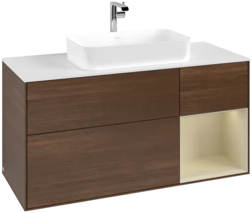 Bild von VILLEROY BOCH Finion Waschbeckenunterschrank, mit Beleuchtung, 3 Auszüge, 1200 x 603 x 501 mm, Walnut Veneer / Silk Grey Matt Lacquer / Glass White Matt #F301HJGN