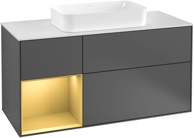 Bild von VILLEROY BOCH Finion Waschbeckenunterschrank, mit Beleuchtung, 3 Auszüge, 1200 x 603 x 501 mm, Anthracite Matt Lacquer / Gold Matt Lacquer / Glass White Matt #F291HFGK