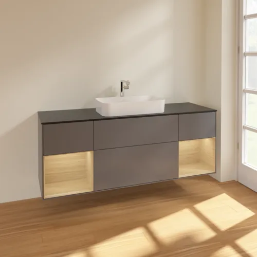Bild von VILLEROY BOCH Finion Waschbeckenunterschrank, mit Beleuchtung, 4 Auszüge, 1600 x 603 x 501 mm, Anthracite Matt Lacquer / Oak Veneer / Glass Black Matt #F332PCGK
