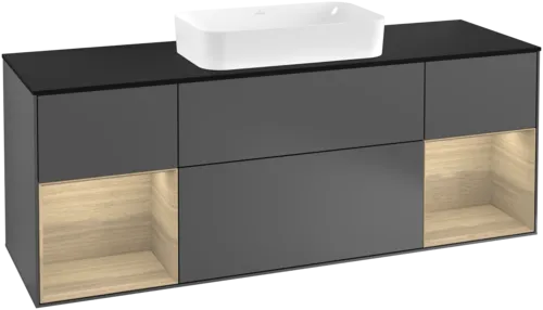 Bild von VILLEROY BOCH Finion Waschbeckenunterschrank, mit Beleuchtung, 4 Auszüge, 1600 x 603 x 501 mm, Anthracite Matt Lacquer / Oak Veneer / Glass Black Matt #F332PCGK