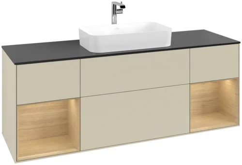 Bild von VILLEROY BOCH Finion Waschbeckenunterschrank, mit Beleuchtung, 4 Auszüge, 1600 x 603 x 501 mm, Silk Grey Matt Lacquer / Oak Veneer / Glass Black Matt #F332PCHJ