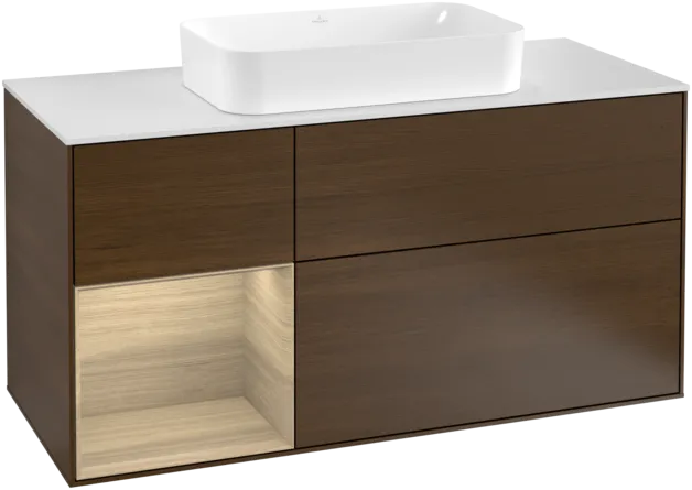 Bild von VILLEROY BOCH Finion Waschbeckenunterschrank, mit Beleuchtung, 3 Auszüge, 1200 x 603 x 501 mm, Walnut Veneer / Oak Veneer / Glass White Matt #F291PCGN