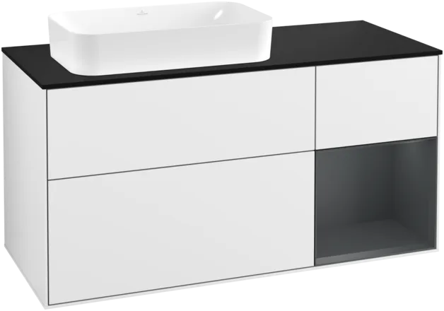 Bild von VILLEROY BOCH Finion Waschbeckenunterschrank, mit Beleuchtung, 3 Auszüge, 1200 x 603 x 501 mm, Glossy White Lacquer / Midnight Blue Matt Lacquer / Glass Black Matt #F282HGGF