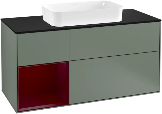 Bild von VILLEROY BOCH Finion Waschbeckenunterschrank, mit Beleuchtung, 3 Auszüge, 1200 x 603 x 501 mm, Olive Matt Lacquer / Peony Matt Lacquer / Glass Black Matt #F292HBGM