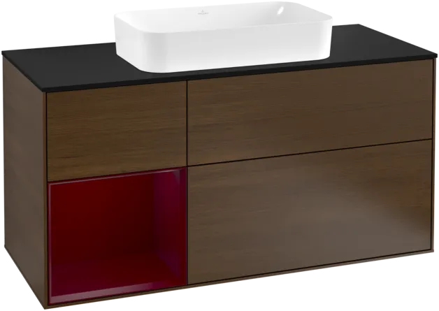 Bild von VILLEROY BOCH Finion Waschbeckenunterschrank, mit Beleuchtung, 3 Auszüge, 1200 x 603 x 501 mm, Walnut Veneer / Peony Matt Lacquer / Glass Black Matt #F292HBGN