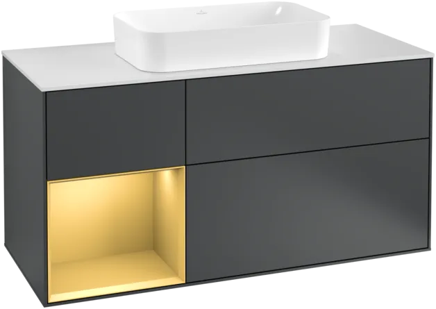 Bild von VILLEROY BOCH Finion Waschbeckenunterschrank, mit Beleuchtung, 3 Auszüge, 1200 x 603 x 501 mm, Midnight Blue Matt Lacquer / Gold Matt Lacquer / Glass White Matt #F291HFHG