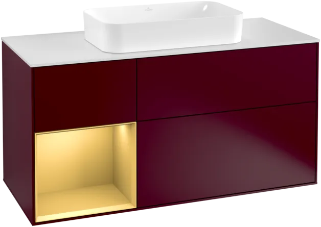 Bild von VILLEROY BOCH Finion Waschbeckenunterschrank, mit Beleuchtung, 3 Auszüge, 1200 x 603 x 501 mm, Peony Matt Lacquer / Gold Matt Lacquer / Glass White Matt #F291HFHB
