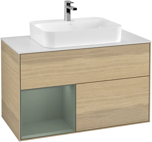 Bild von VILLEROY BOCH Finion Waschbeckenunterschrank, mit Beleuchtung, 2 Auszüge, 1000 x 603 x 501 mm, Oak Veneer / Olive Matt Lacquer / Glass White Matt #F361GMPC