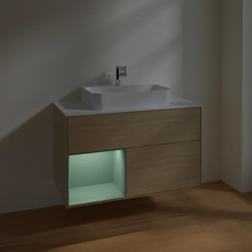 Bild von VILLEROY BOCH Finion Waschbeckenunterschrank, mit Beleuchtung, 2 Auszüge, 1000 x 603 x 501 mm, Oak Veneer / Olive Matt Lacquer / Glass White Matt #F361GMPC