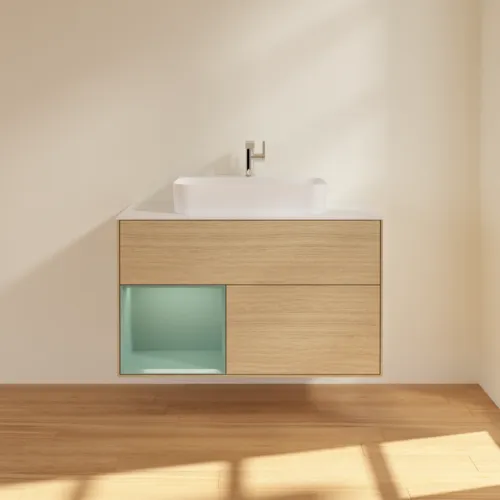 Bild von VILLEROY BOCH Finion Waschbeckenunterschrank, mit Beleuchtung, 2 Auszüge, 1000 x 603 x 501 mm, Oak Veneer / Olive Matt Lacquer / Glass White Matt #F361GMPC