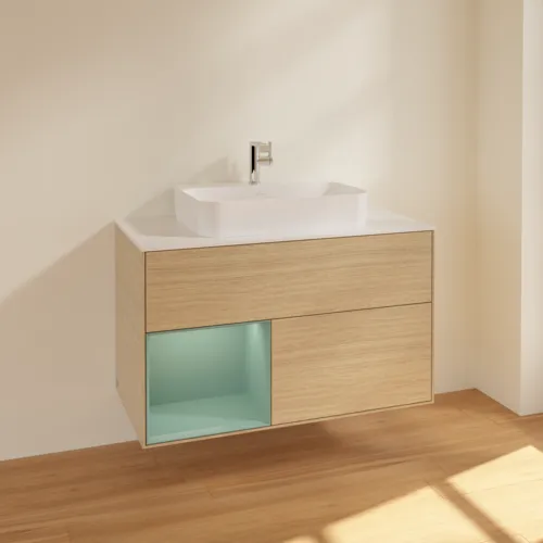 Bild von VILLEROY BOCH Finion Waschbeckenunterschrank, mit Beleuchtung, 2 Auszüge, 1000 x 603 x 501 mm, Oak Veneer / Olive Matt Lacquer / Glass White Matt #F361GMPC