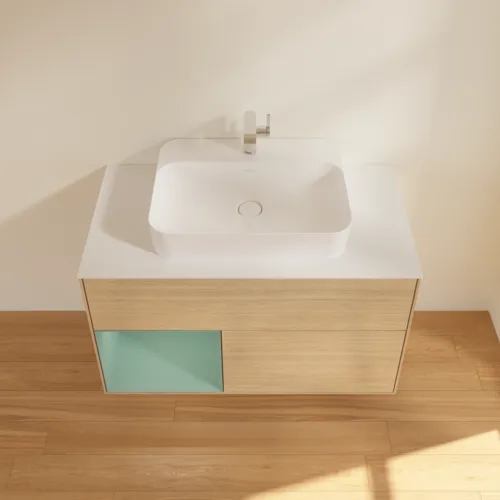 Bild von VILLEROY BOCH Finion Waschbeckenunterschrank, mit Beleuchtung, 2 Auszüge, 1000 x 603 x 501 mm, Oak Veneer / Olive Matt Lacquer / Glass White Matt #F361GMPC