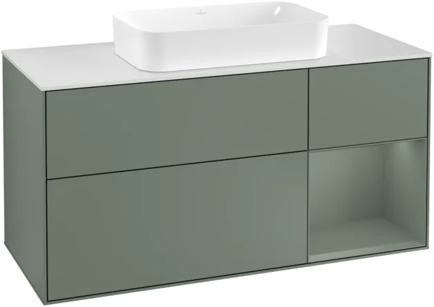 Bild von VILLEROY BOCH Finion Waschbeckenunterschrank, mit Beleuchtung, 3 Auszüge, 1200 x 603 x 501 mm, Olive Matt Lacquer / Olive Matt Lacquer / Glass White Matt #F301GMGM