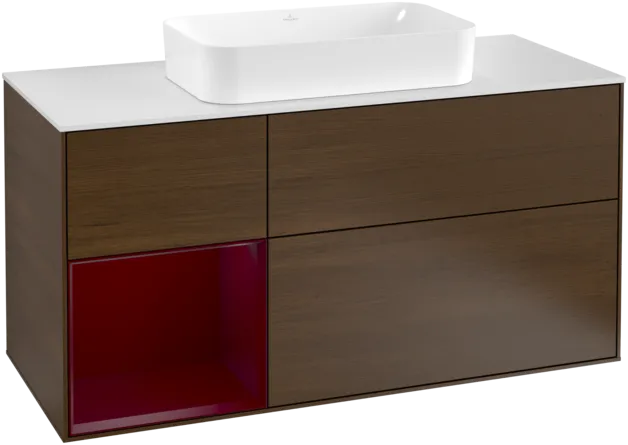 Bild von VILLEROY BOCH Finion Waschbeckenunterschrank, mit Beleuchtung, 3 Auszüge, 1200 x 603 x 501 mm, Walnut Veneer / Peony Matt Lacquer / Glass White Matt #F291HBGN
