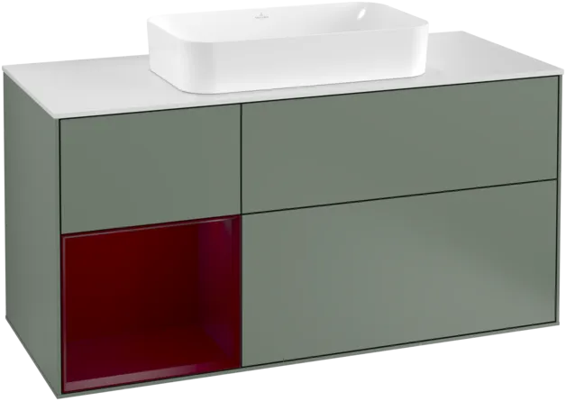 Obrázek VILLEROY BOCH Toaletní skříňka Finion, s osvětlením, 3 výsuvy, 1200 x 603 x 501 mm, olivový matný lak / pivoňkový matný lak / bílé matné sklo #F291HBGM
