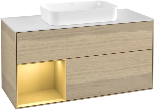Obrázek VILLEROY BOCH Toaletní skříňka Finion, s osvětlením, 3 výsuvy, 1200 x 603 x 501 mm, dubová dýha / zlatý matný lak / sklo bílé matné #F291HFPC