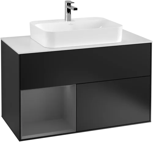 Bild von VILLEROY BOCH Finion Waschbeckenunterschrank, mit Beleuchtung, 2 Auszüge, 1000 x 603 x 501 mm, Black Matt Lacquer / Anthracite Matt Lacquer / Glass White Matt #F361GKPD