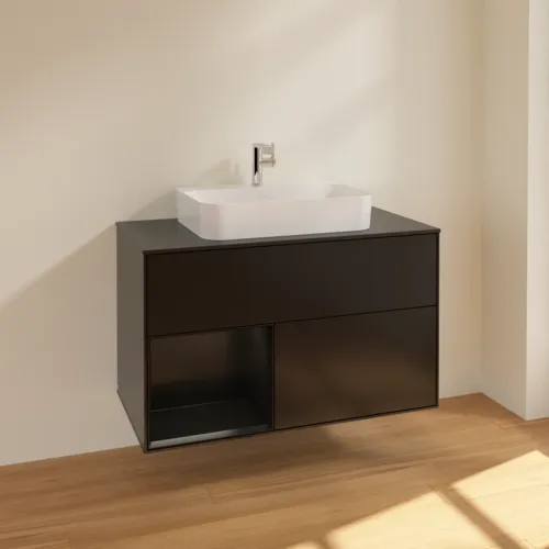 Picture of VILLEROY BOCH Finion Vanity unit, with lighting, 2 pull-out compartments, 1000 x 603 x 501 mm, Black Matt Lacquer / Black Matt Lacquer / Glass Black Matt #F362PDPD