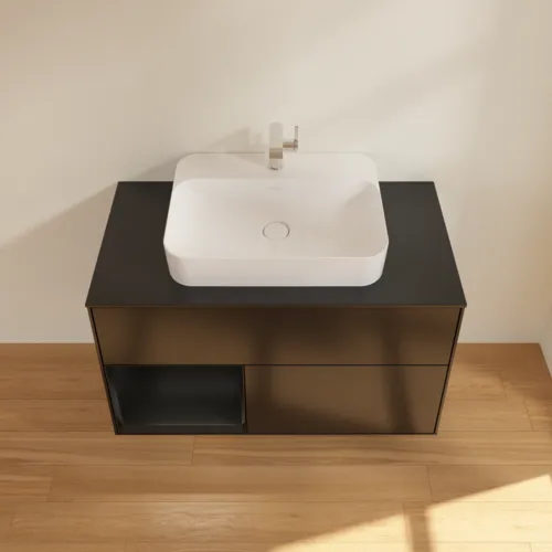 Picture of VILLEROY BOCH Finion Vanity unit, with lighting, 2 pull-out compartments, 1000 x 603 x 501 mm, Black Matt Lacquer / Black Matt Lacquer / Glass Black Matt #F362PDPD