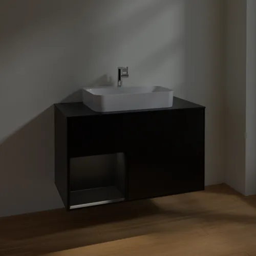Picture of VILLEROY BOCH Finion Vanity unit, with lighting, 2 pull-out compartments, 1000 x 603 x 501 mm, Black Matt Lacquer / Black Matt Lacquer / Glass Black Matt #F362PDPD
