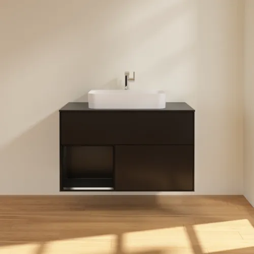 Picture of VILLEROY BOCH Finion Vanity unit, with lighting, 2 pull-out compartments, 1000 x 603 x 501 mm, Black Matt Lacquer / Black Matt Lacquer / Glass Black Matt #F362PDPD