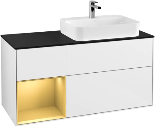 Bild von VILLEROY BOCH Finion Waschbeckenunterschrank, mit Beleuchtung, 3 Auszüge, 1200 x 603 x 501 mm, Glossy White Lacquer / Gold Matt Lacquer / Glass Black Matt #F392HFGF