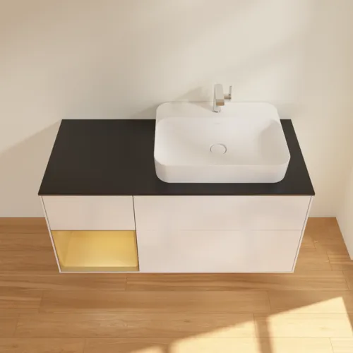 Bild von VILLEROY BOCH Finion Waschbeckenunterschrank, mit Beleuchtung, 3 Auszüge, 1200 x 603 x 501 mm, Glossy White Lacquer / Gold Matt Lacquer / Glass Black Matt #F392HFGF